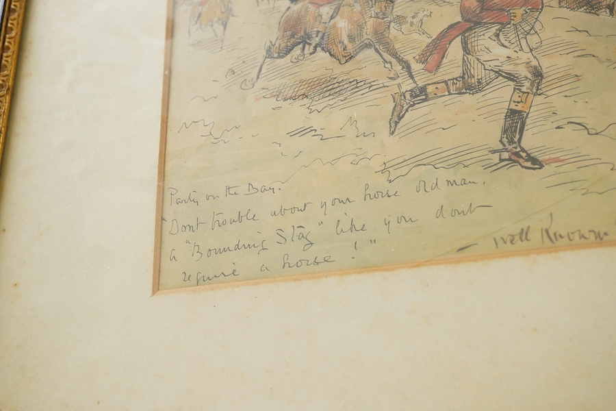 George Finch Mason (1850-1915), ‘Hallo, who’s the cornered bull now?’ and one other, each signed and inscribed in ink, pair of ink and watercolours, 15 x 22cm